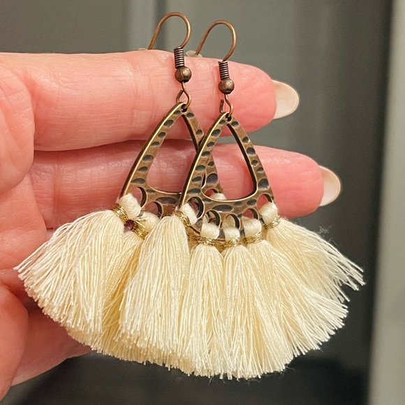 Bohemian Bronze Fan Shaped Cream Tassel Drop Earrings - Picture 3 of 5